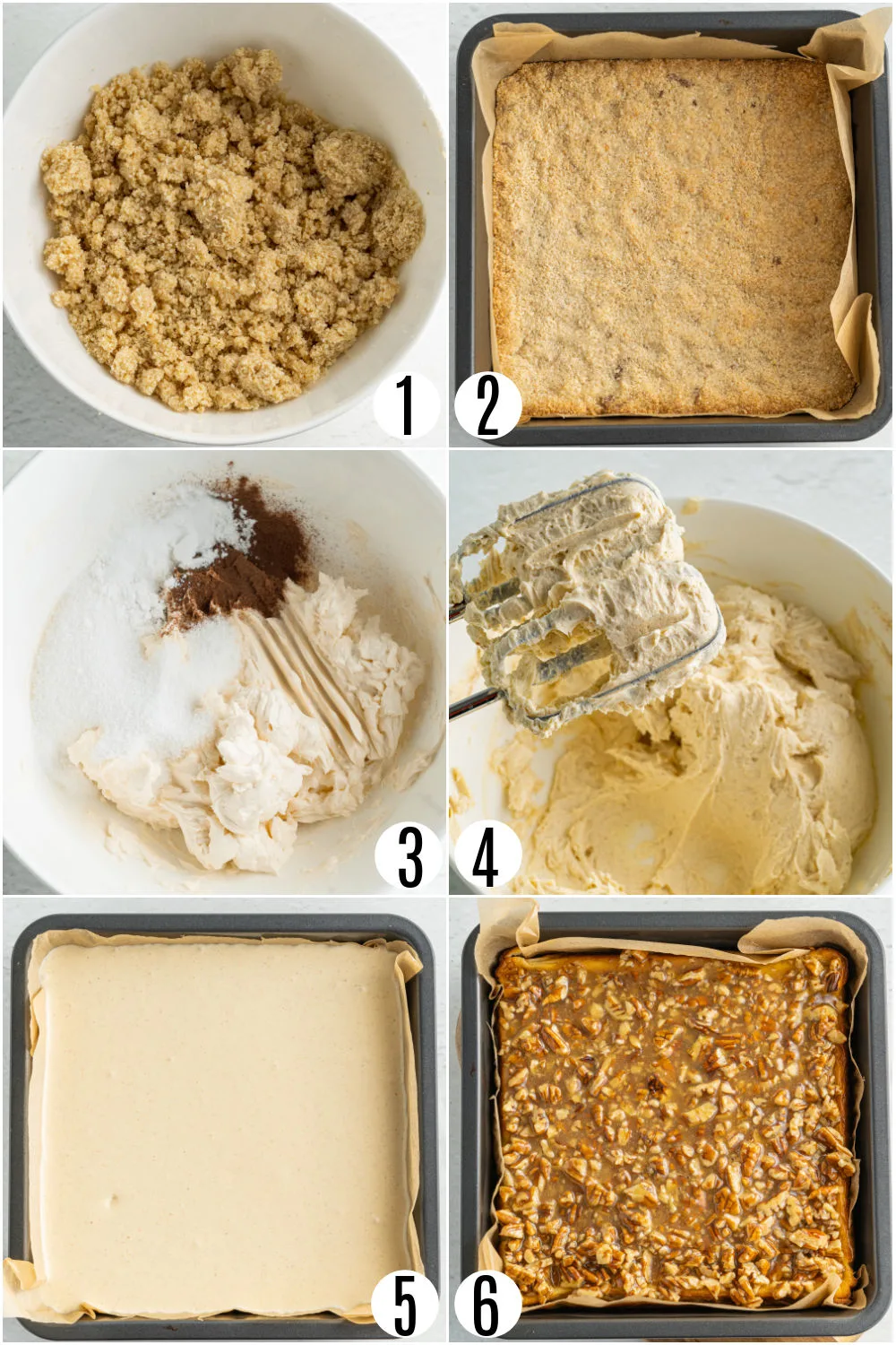 Step by step photos showing how to make pecan cheesecake bars.