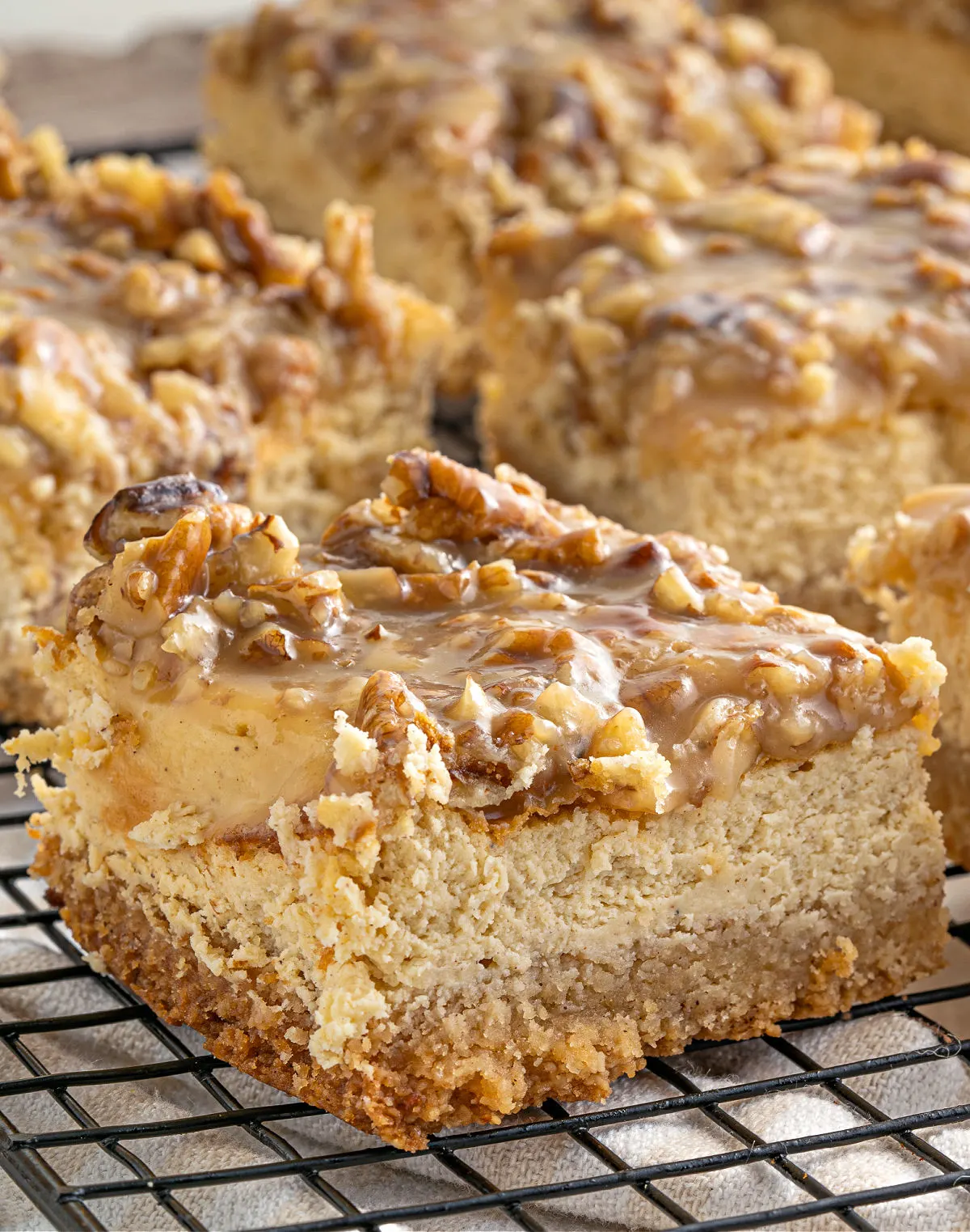 Gluten free cheesecake bars with cinnamon and pecan topping.