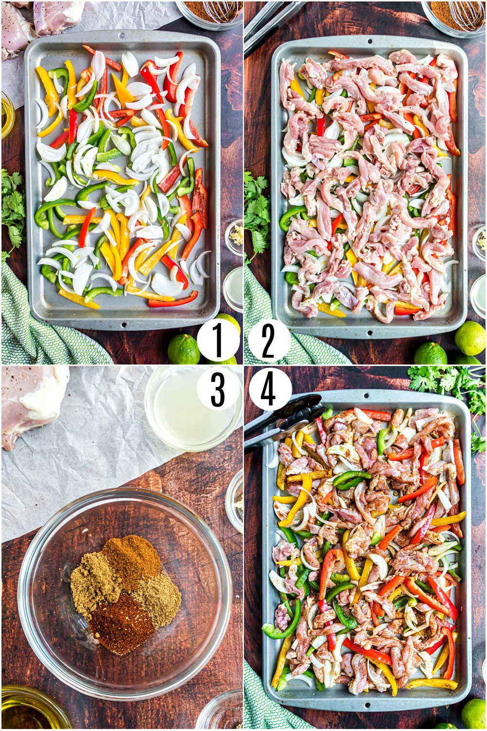 Step by step photos showing how to make sheet pan chicken fajitas.