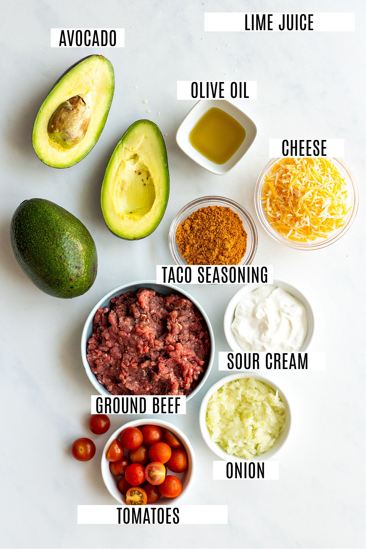 Ingredients needed to make avocado tacos.