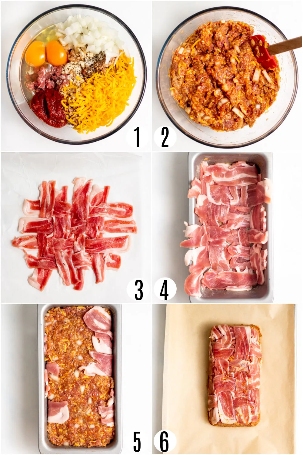 Step by step photos shwoing how to make a bacon weave for meatloaf.