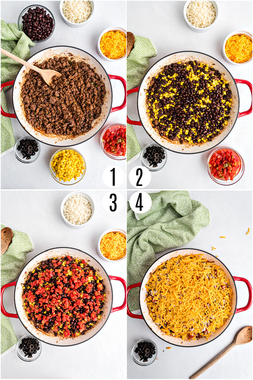 Step by step photos showing how to make low carb beef taco casserole in a skillet.