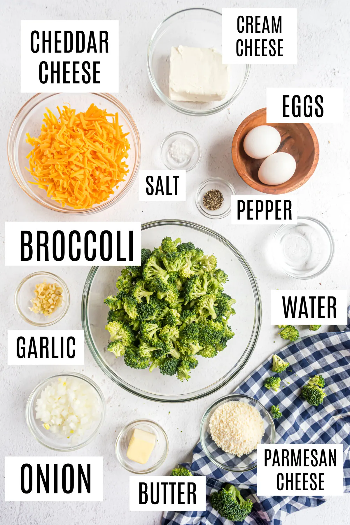 Ingredients needed for broccoli cheese casserole recipe.