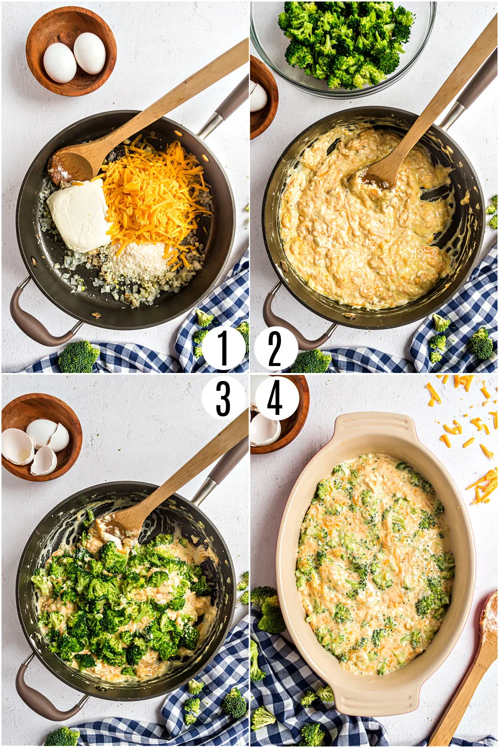 Step by step photos showing how to make broccoli cheese casserole.