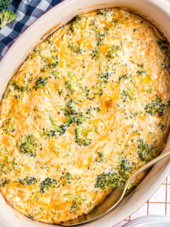 Broccoli Cheese Casserole makes it a cinch to get your daily veggies! This gluten free version of the classic comfort food bakes up hot, bubbly and irresistibly cheesy.