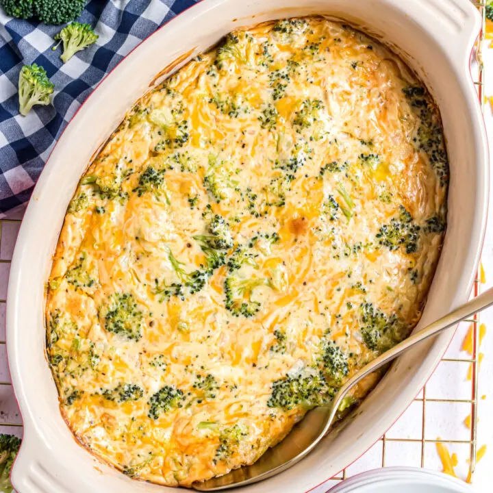 Broccoli Cheese Casserole makes it a cinch to get your daily veggies! This gluten free version of the classic comfort food bakes up hot, bubbly and irresistibly cheesy.