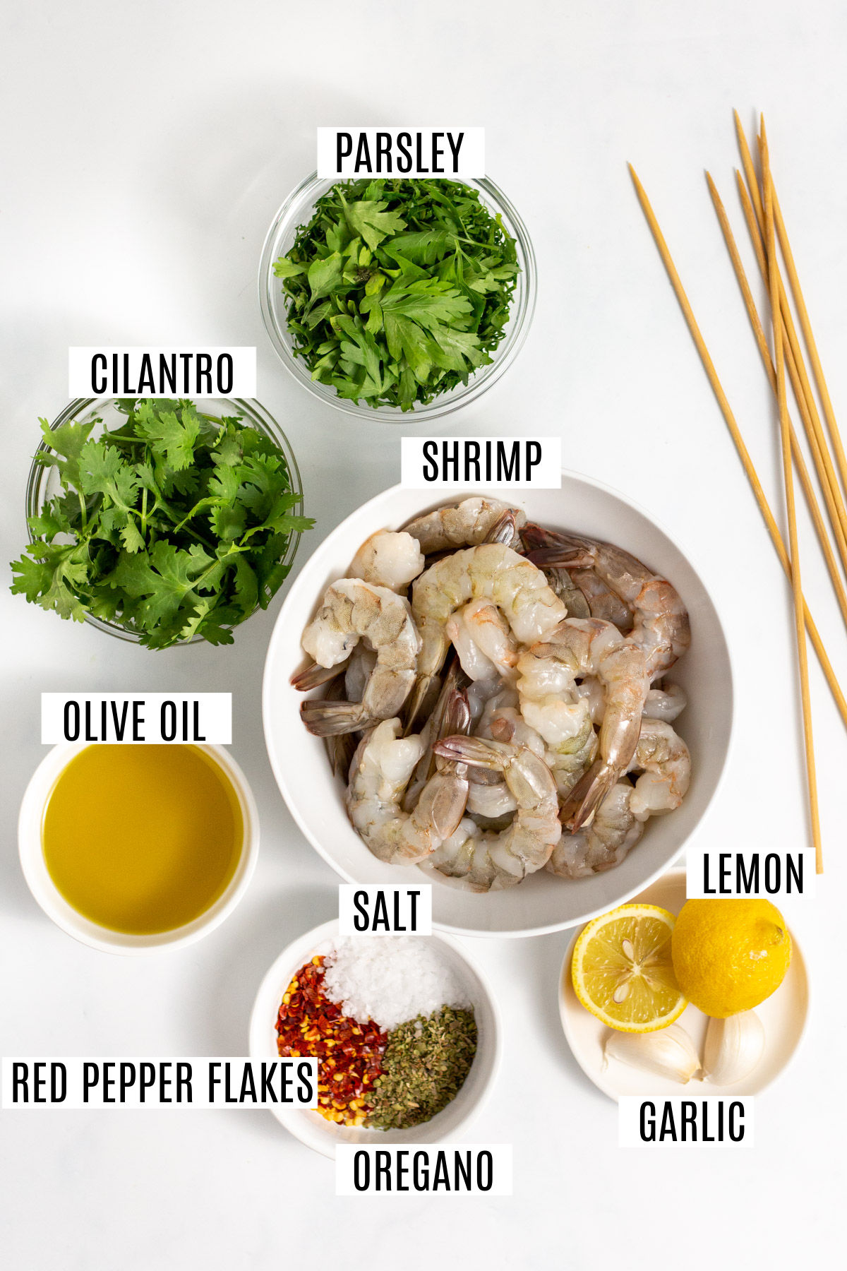 Ingredients needed to make grilled shrimp with chimichurri sauce.