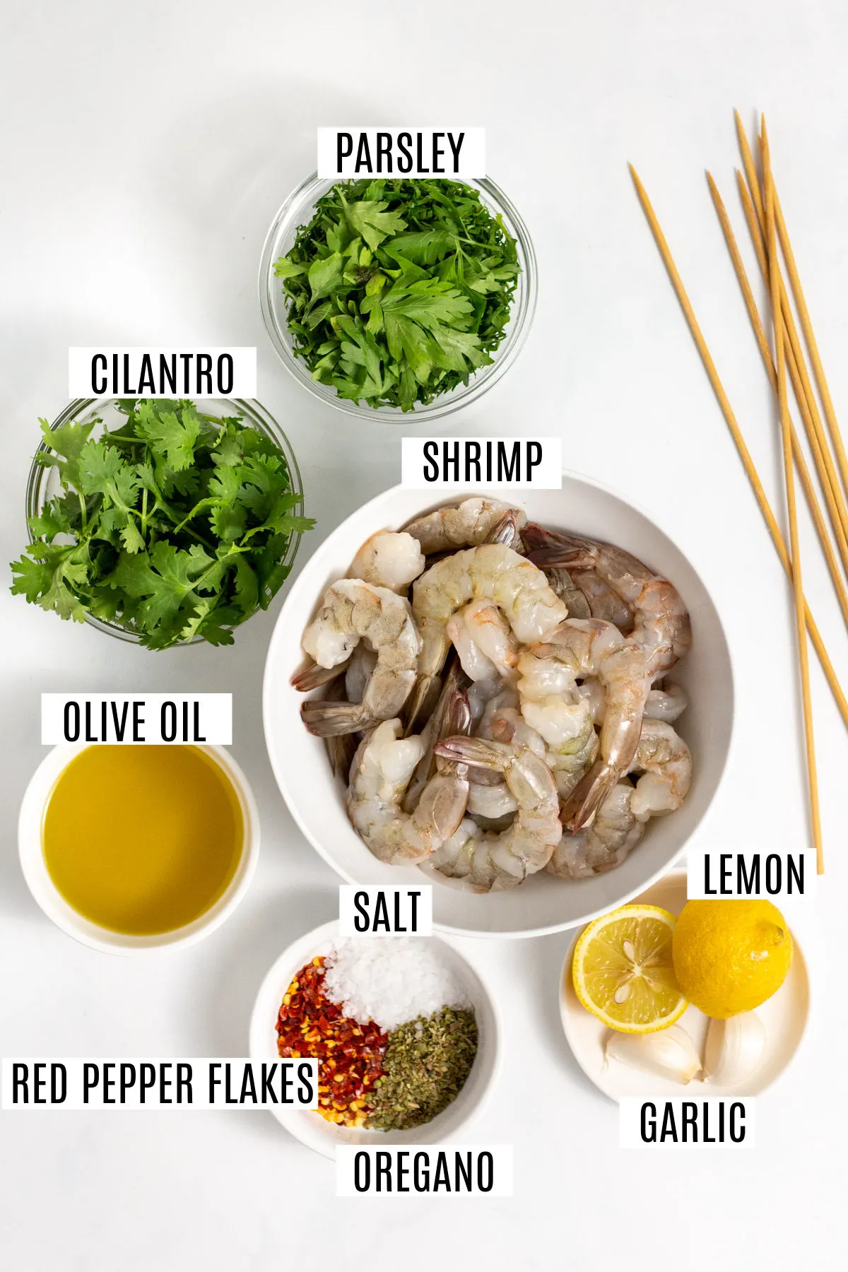 Ingredients needed to make grilled shrimp with chimichurri sauce.