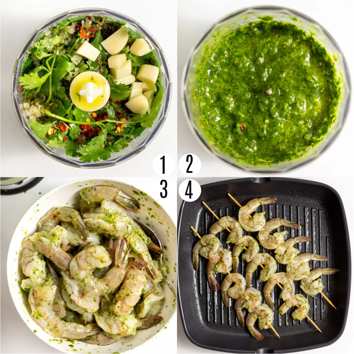 Step by step photos showing how to make chimichurri grilled shrimp.