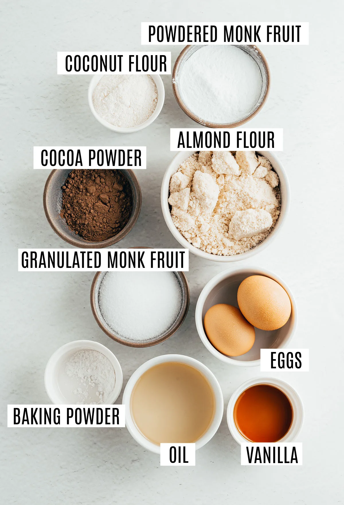 Ingredients needed to make keto friendly chocolate cookies.