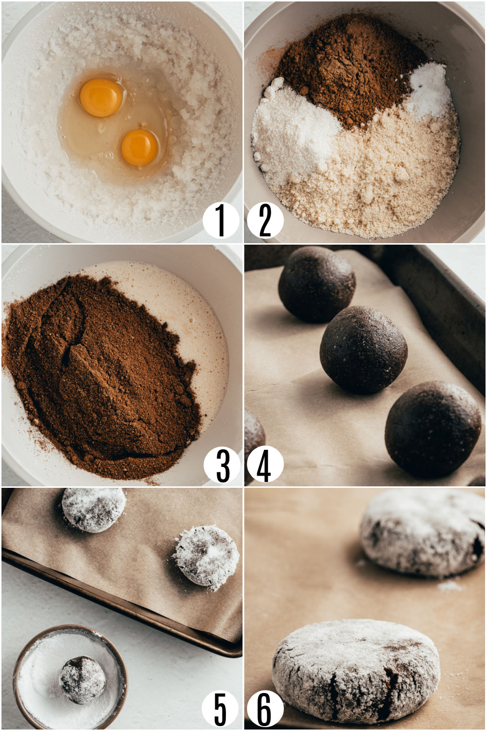 Step by step photos showing how to make chocolate crinkle cookies.