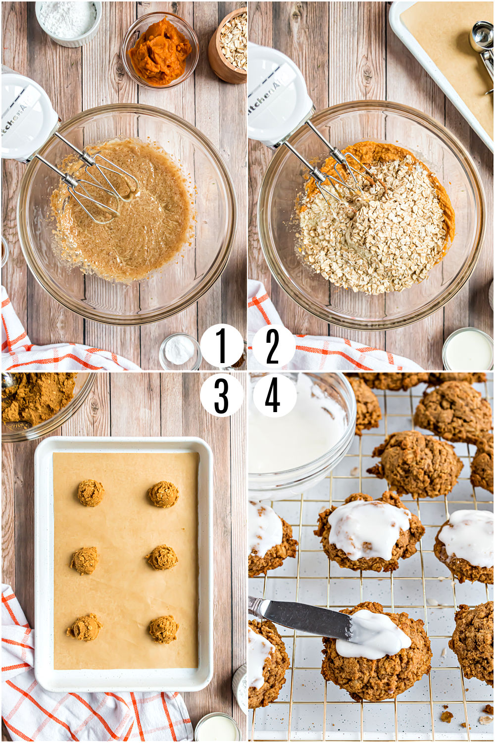 Step by step photos showing how to make healthy pumpkin cookies with icing.