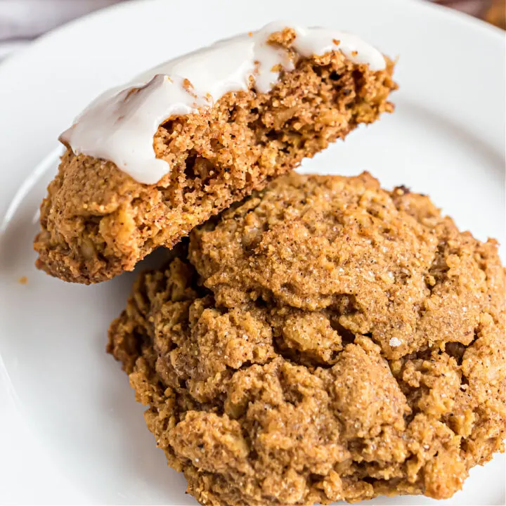 Healthy Pumpkin Cookies are a treat everyone can enjoy! These gluten free pumpkin cookies are topped with a sugar free glaze and packed with fall spices to create a delicious, chewy cookie recipe.