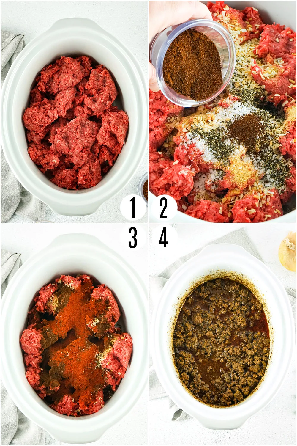 Step by step photos showing how to make taco meat in a slow cooker.