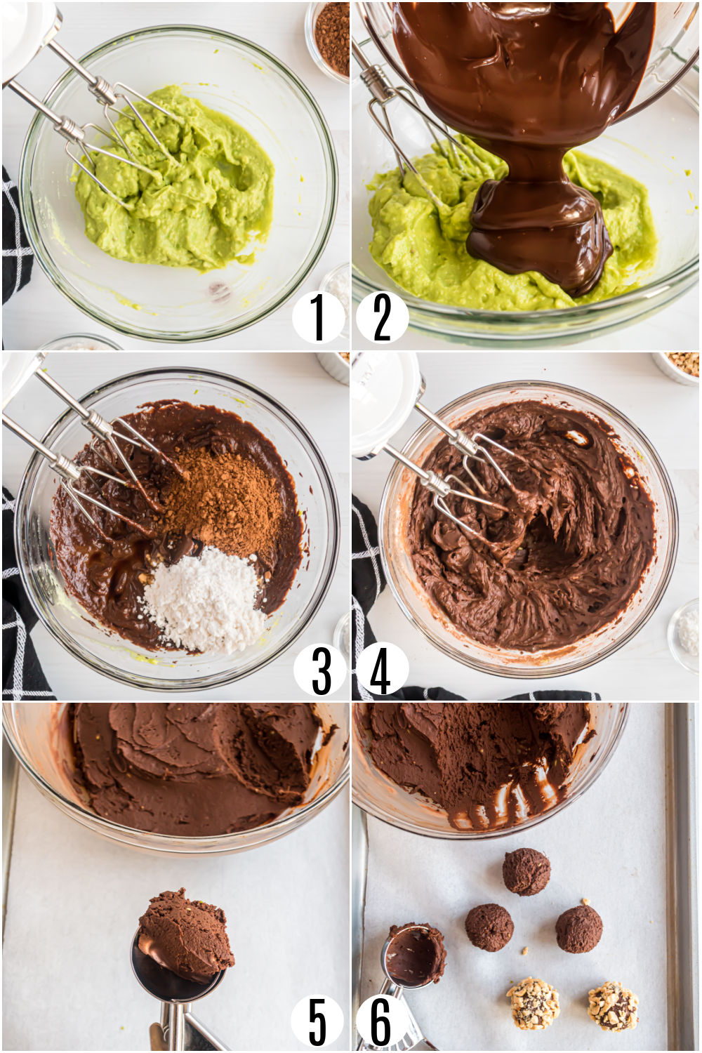 Step by step photos showing how to make avocado truffles.