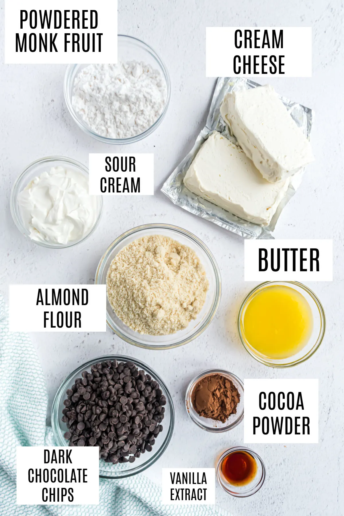 Ingredients needed for keto chocolate cheesecake recipe.