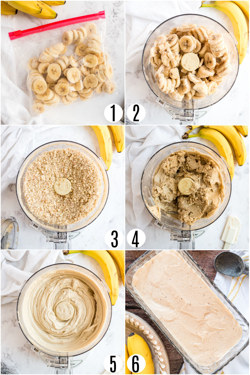Step by step photos showing how to make banana ice cream. 