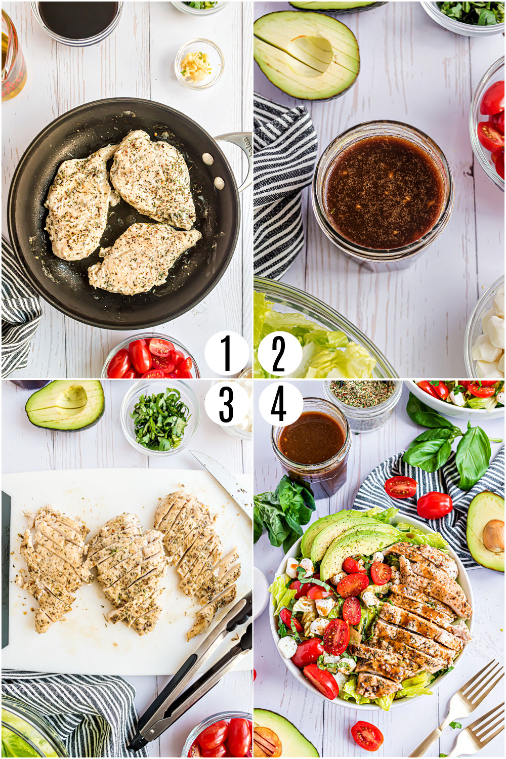 Step by step photos showing how to make chicken caprese salad.