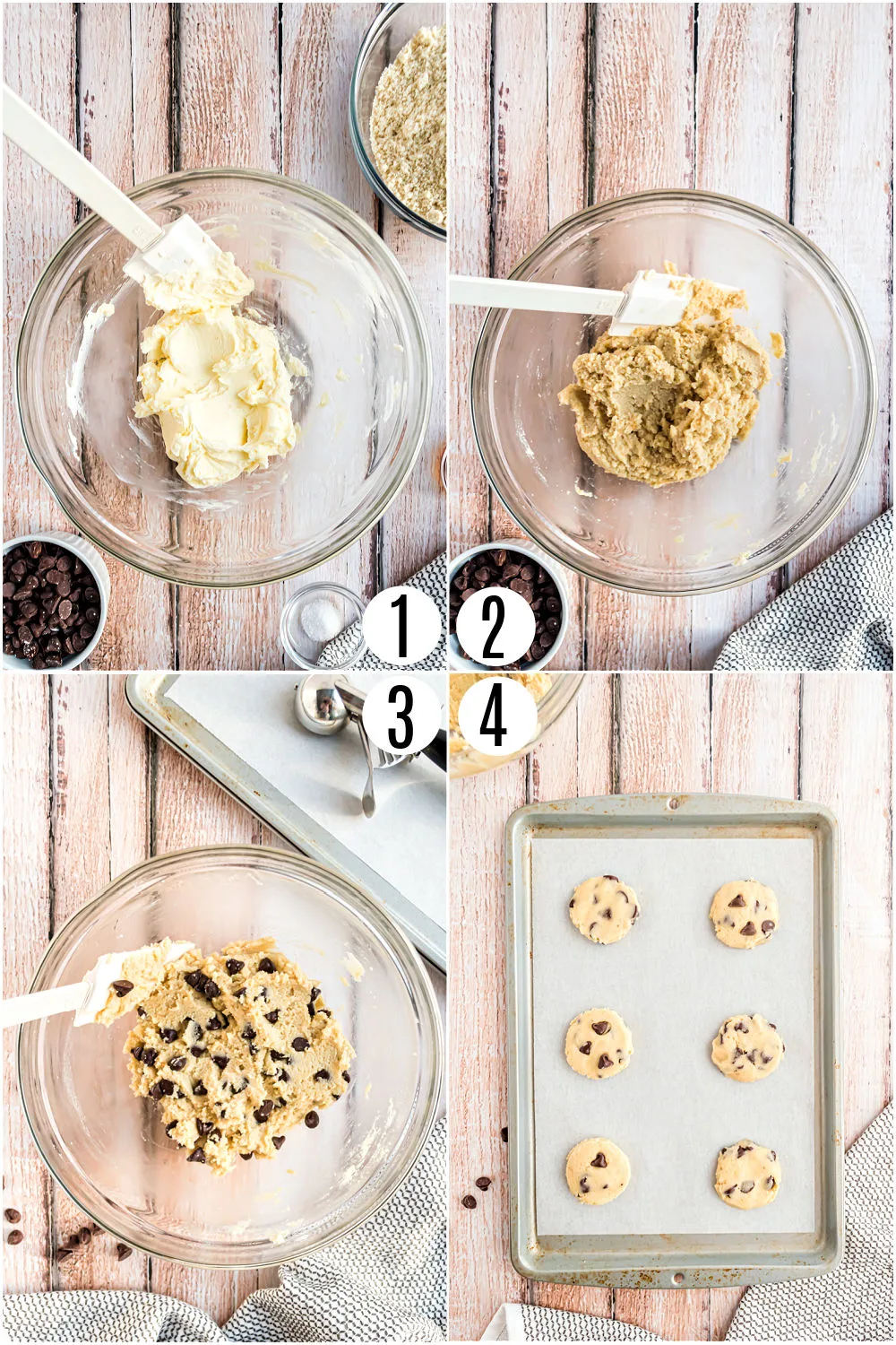 Step by step photos showing how to make chocolate chip shortbread cookies.