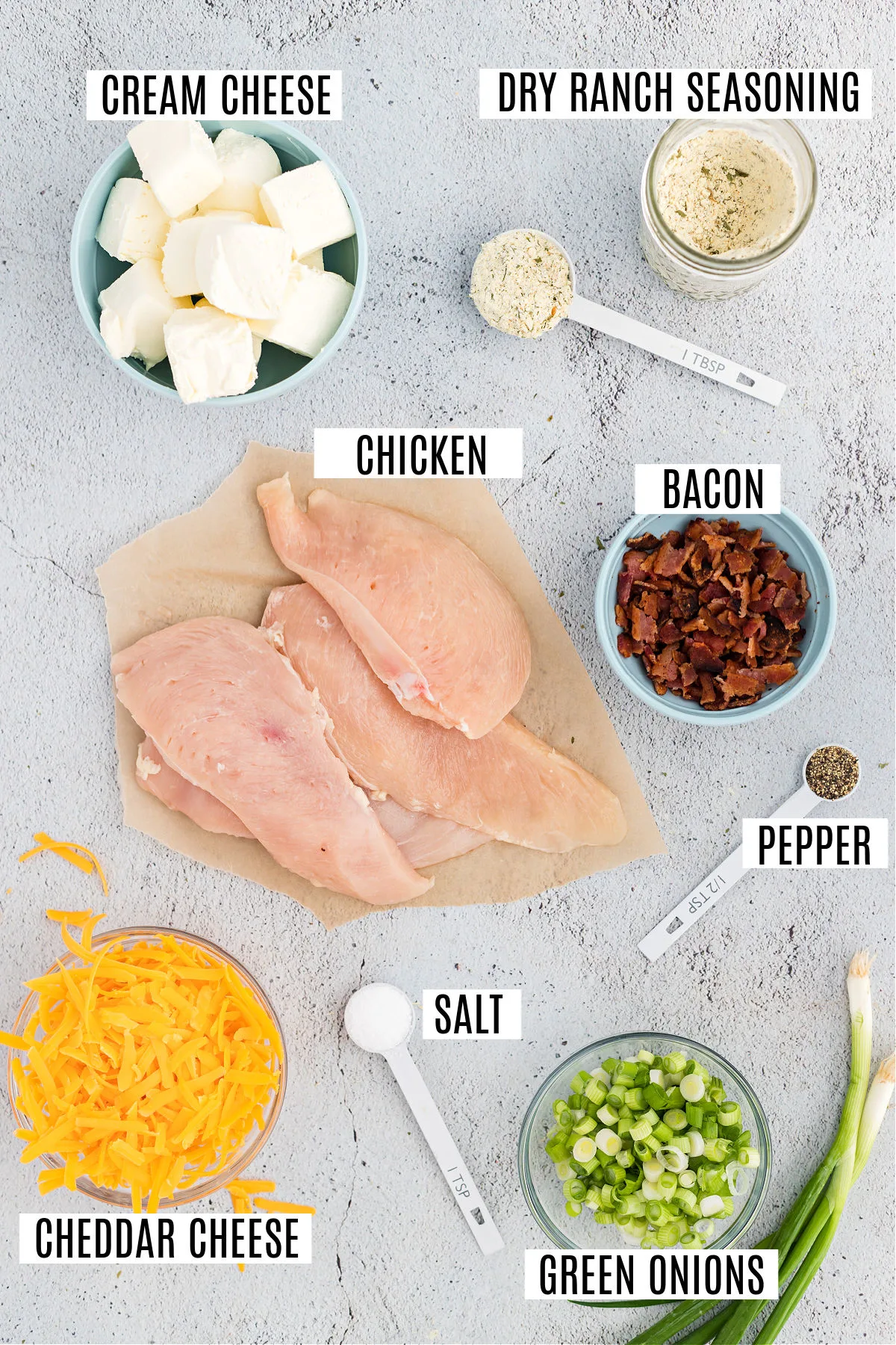 Ingredients needed to make crack chicken.