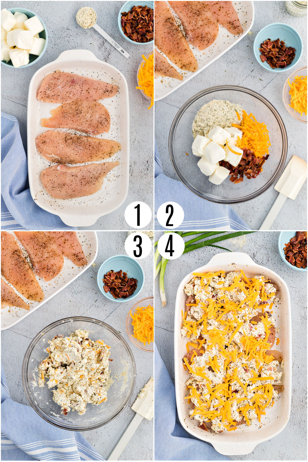 Step by step photos showing how to assemble crack chicken casserole.