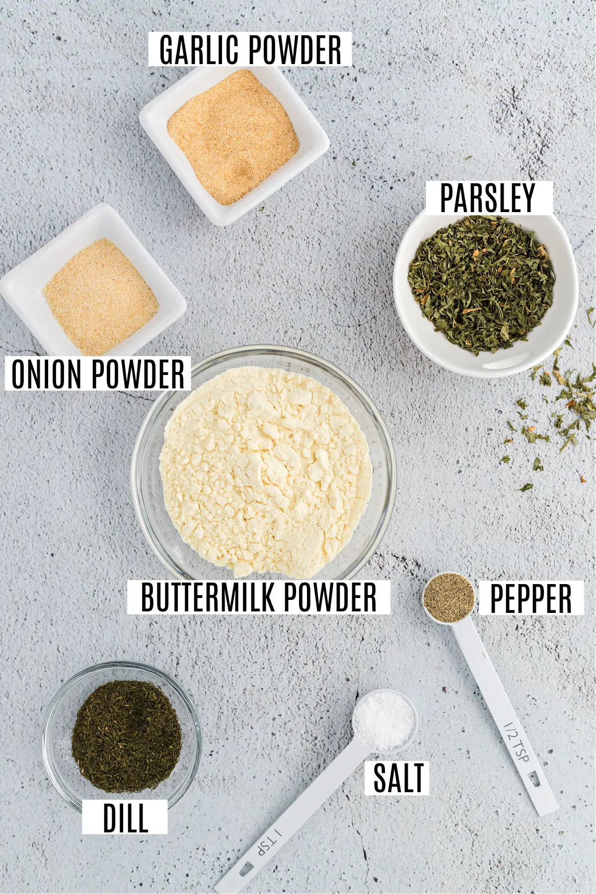 Ingredients needed to make homemade dry ranch seasoning mix.