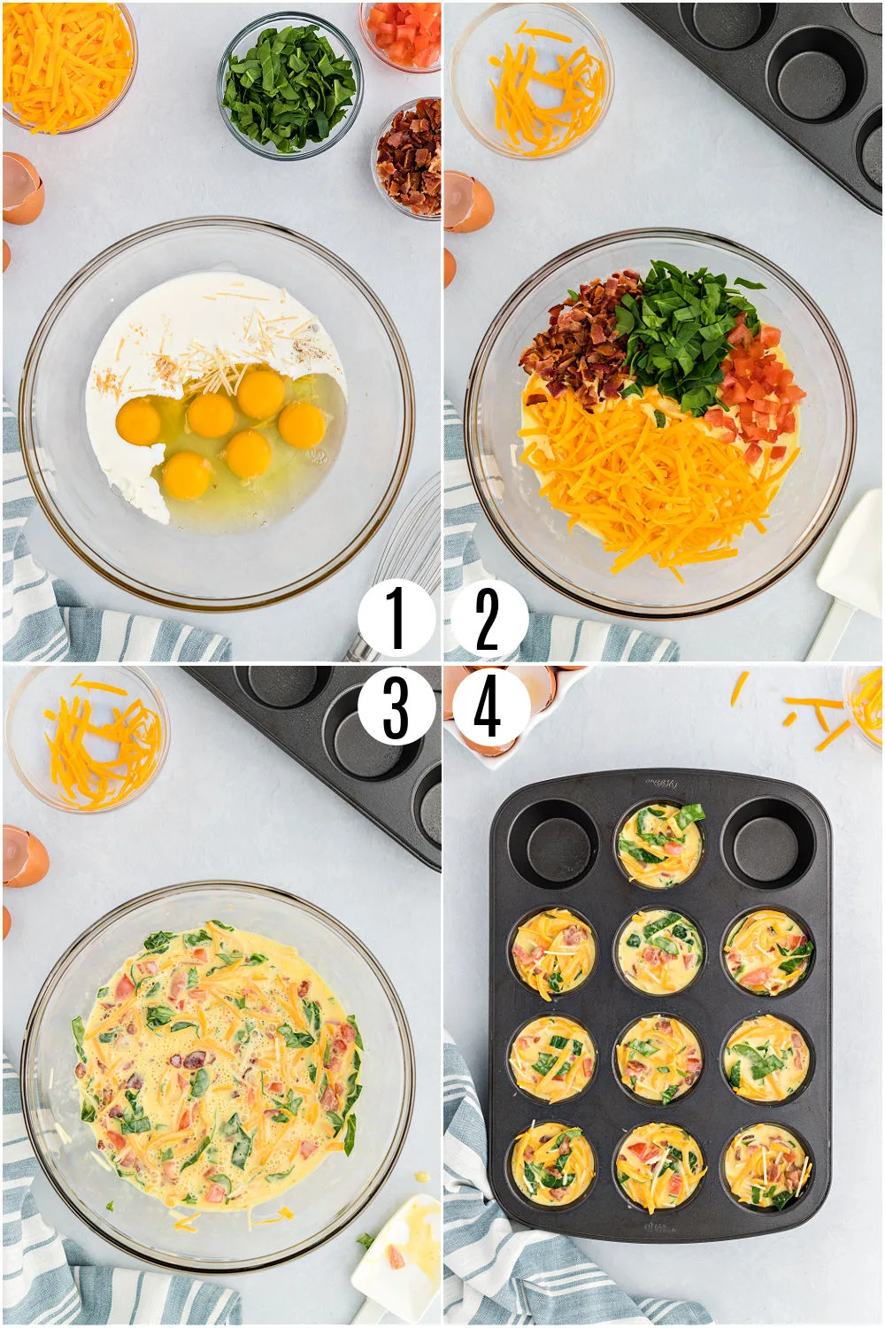 Step by step photos showing how to make egg bites in muffin tin.