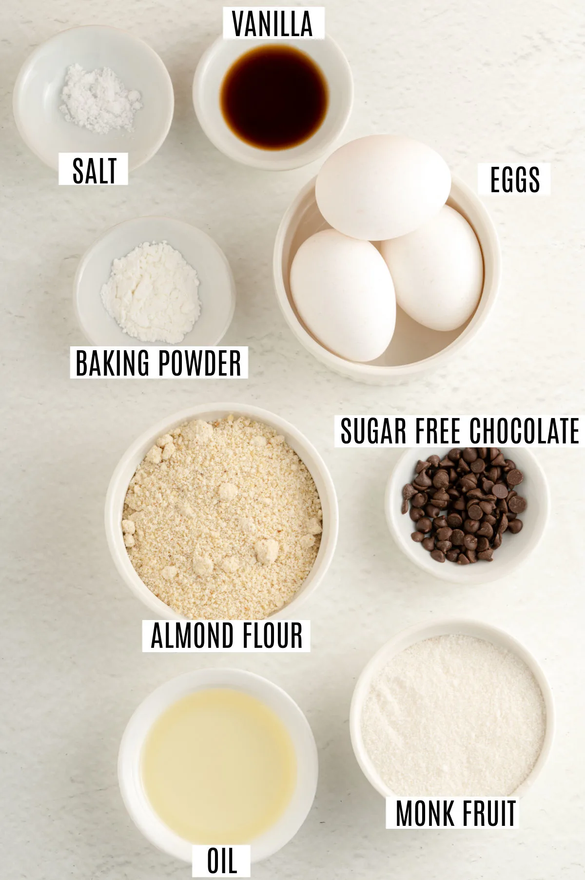 Ingredients needed for chocolate chip muffins.