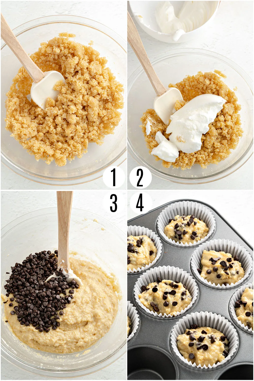 Step by step photos showing how to make chocolate chip muffins.