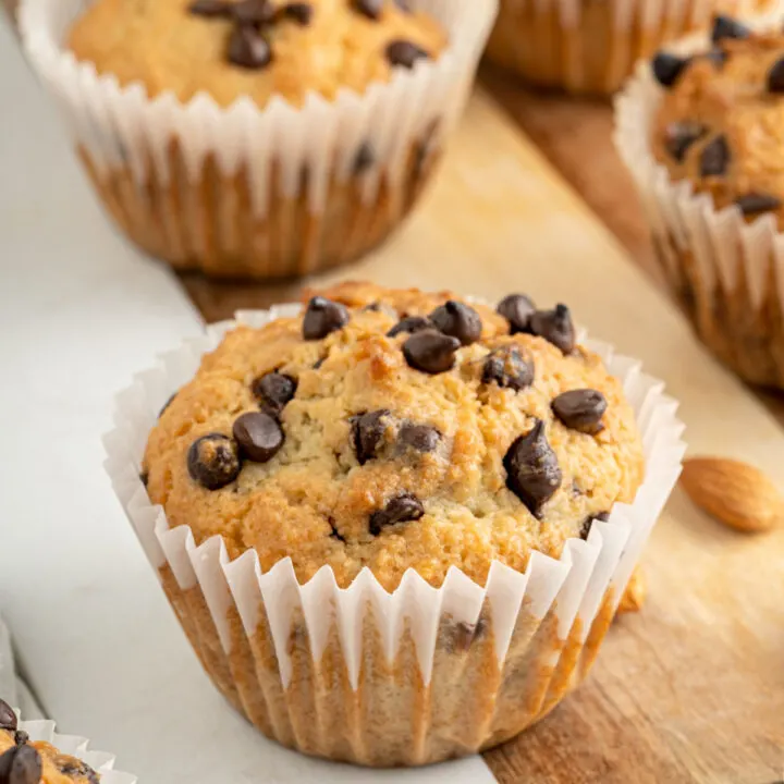 Bring a little sweetness to your morning with these Chocolate Chip Muffins! Sugar free chocolate morsels are baked into moist low carb muffins in this easy gluten free recipe.