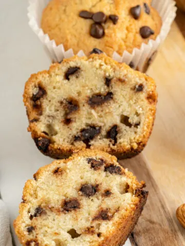 Chocolate chip muffins sliced in half.