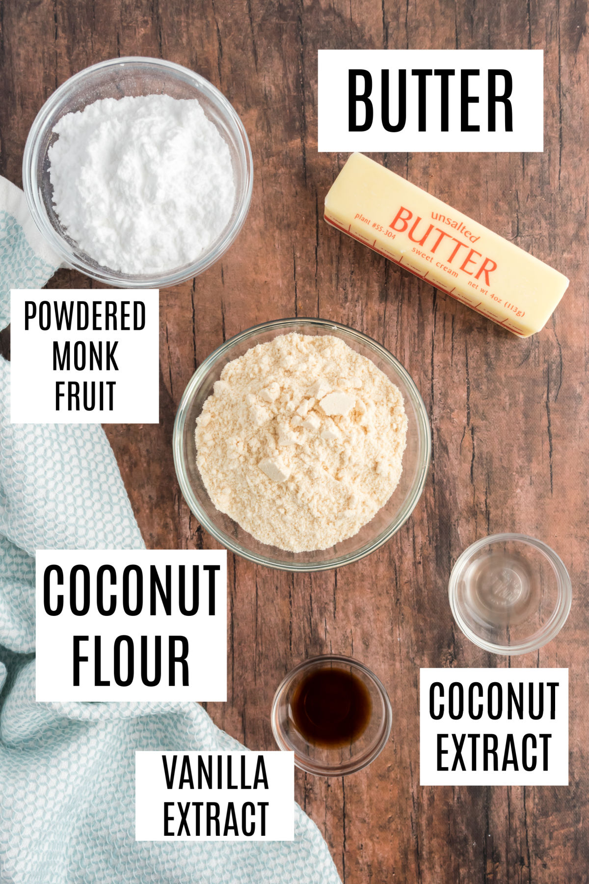 Ingredients needed to make coconut shortbread cookies.