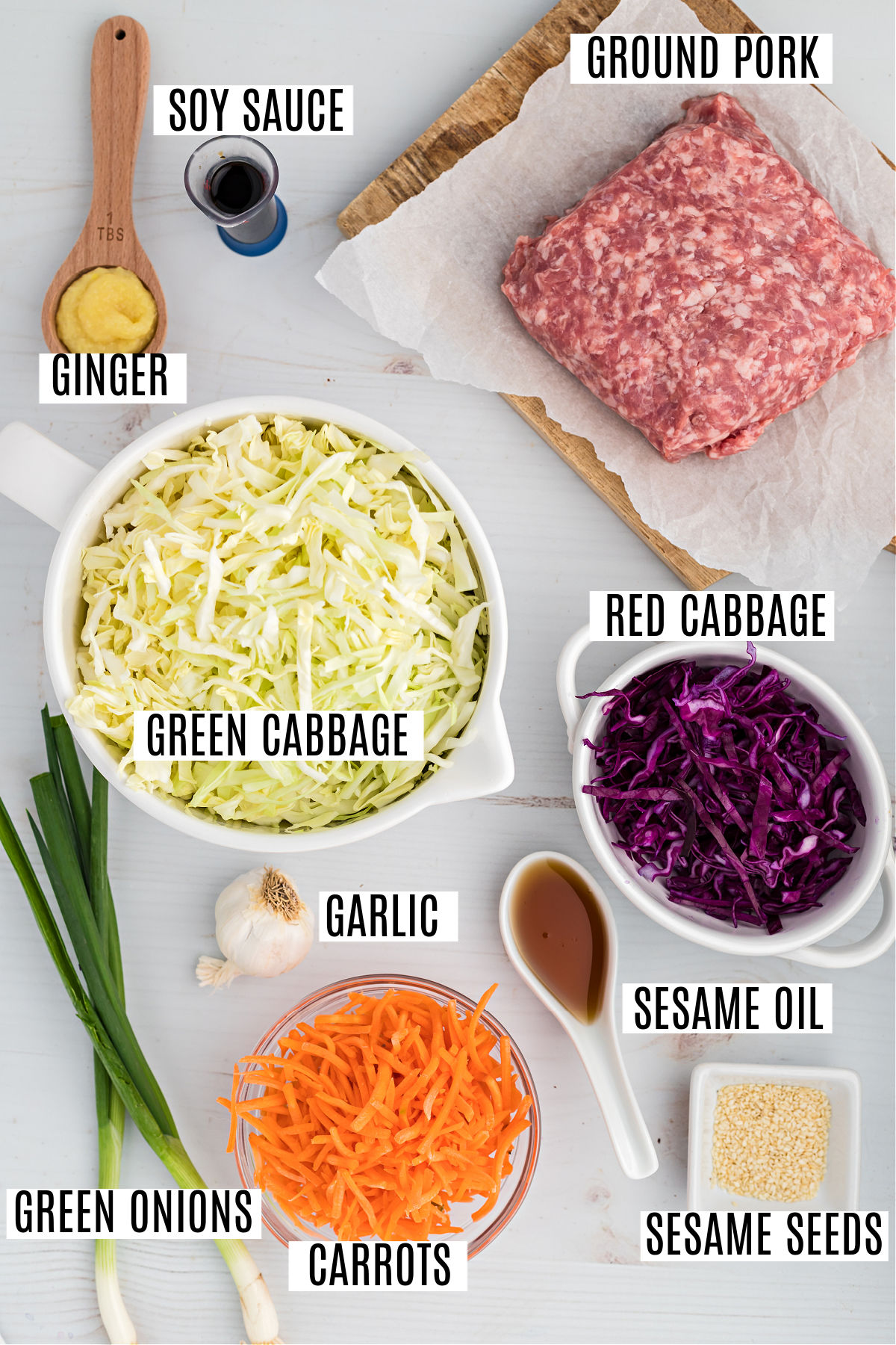 Ingredients needed for egg roll in a bowl recipe.