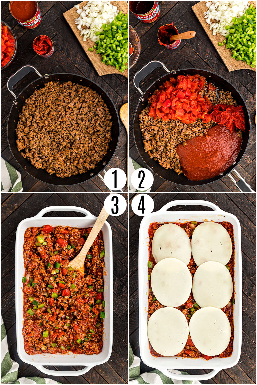 Step by step photos showing how to make sausage and peppers casserole.