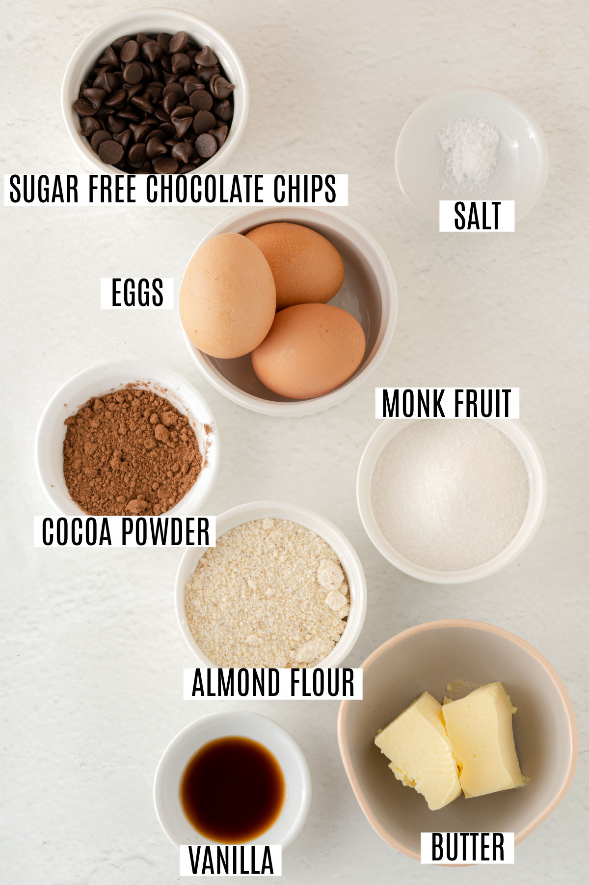 Ingredients needed to make sugar free almond flour brownies.