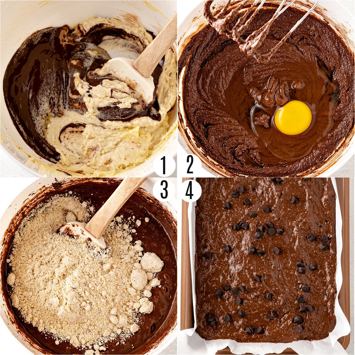 Step by step photos showing how to make almond flour brownies.