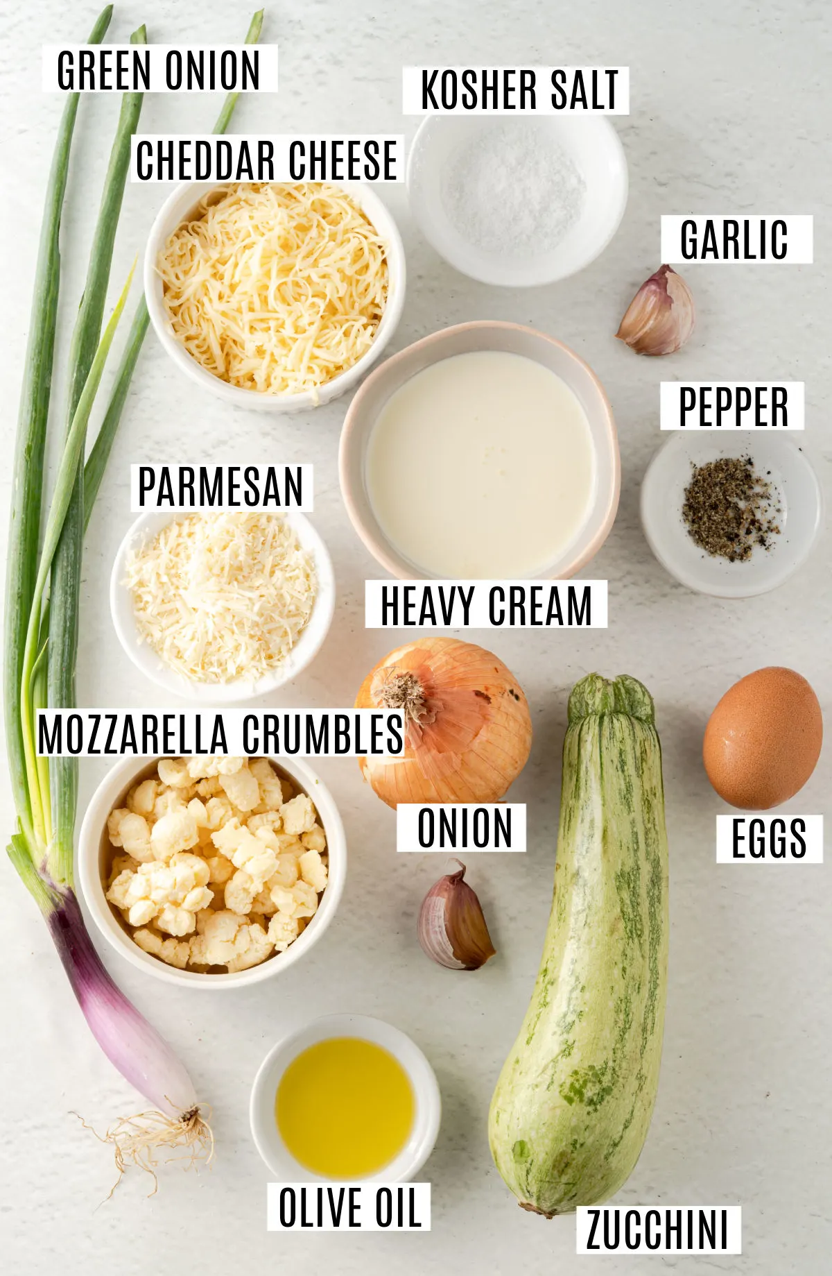Ingredients needed for zucchini casserole recipe.