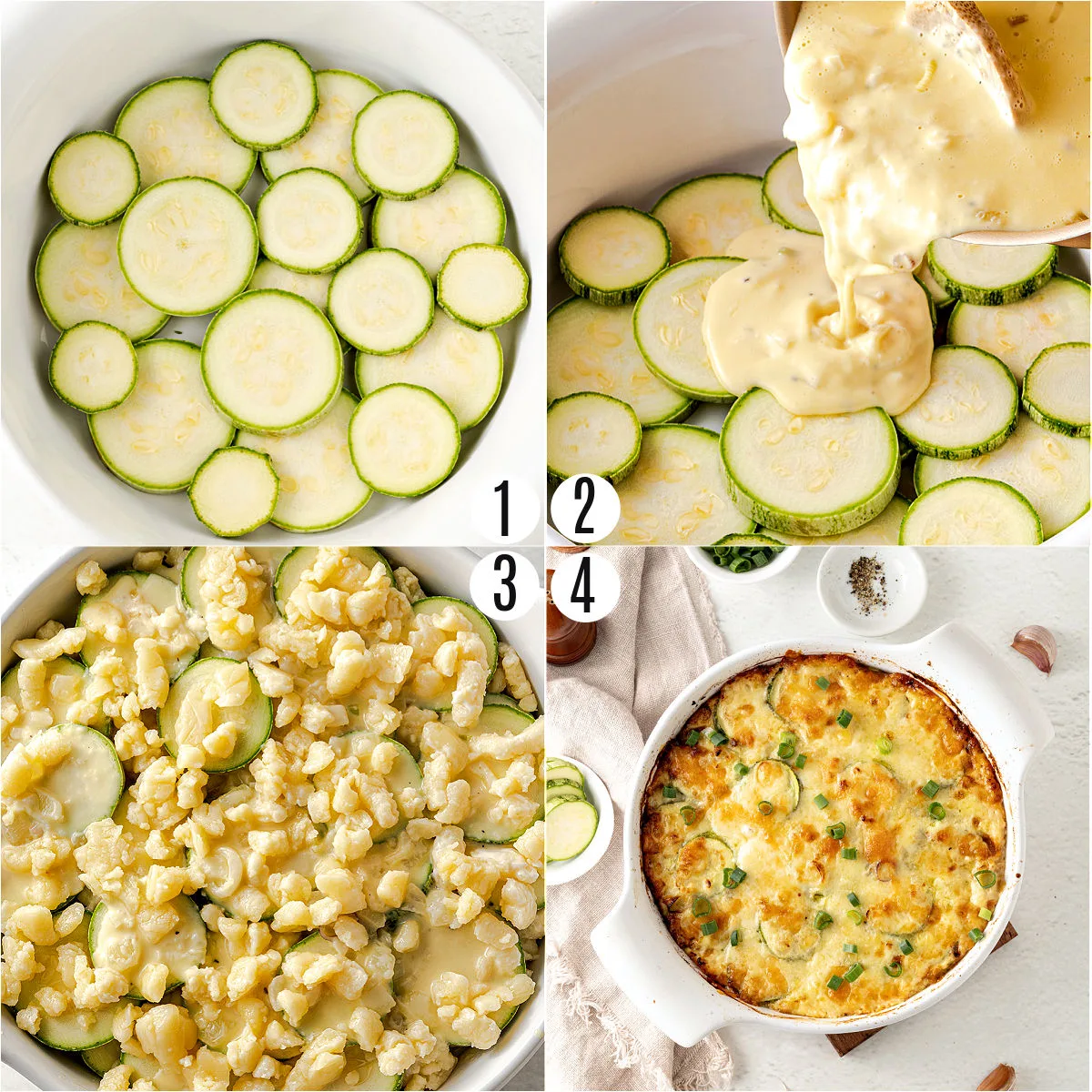 Step by step photos showing how to make zucchini casserole.