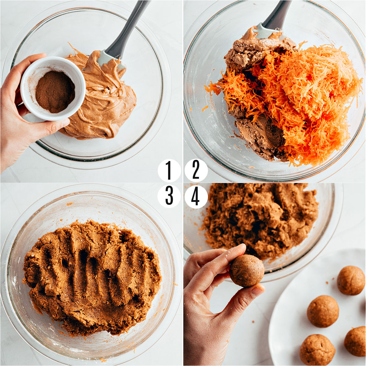 Step by step photos showing how to make carrot cake balls.
