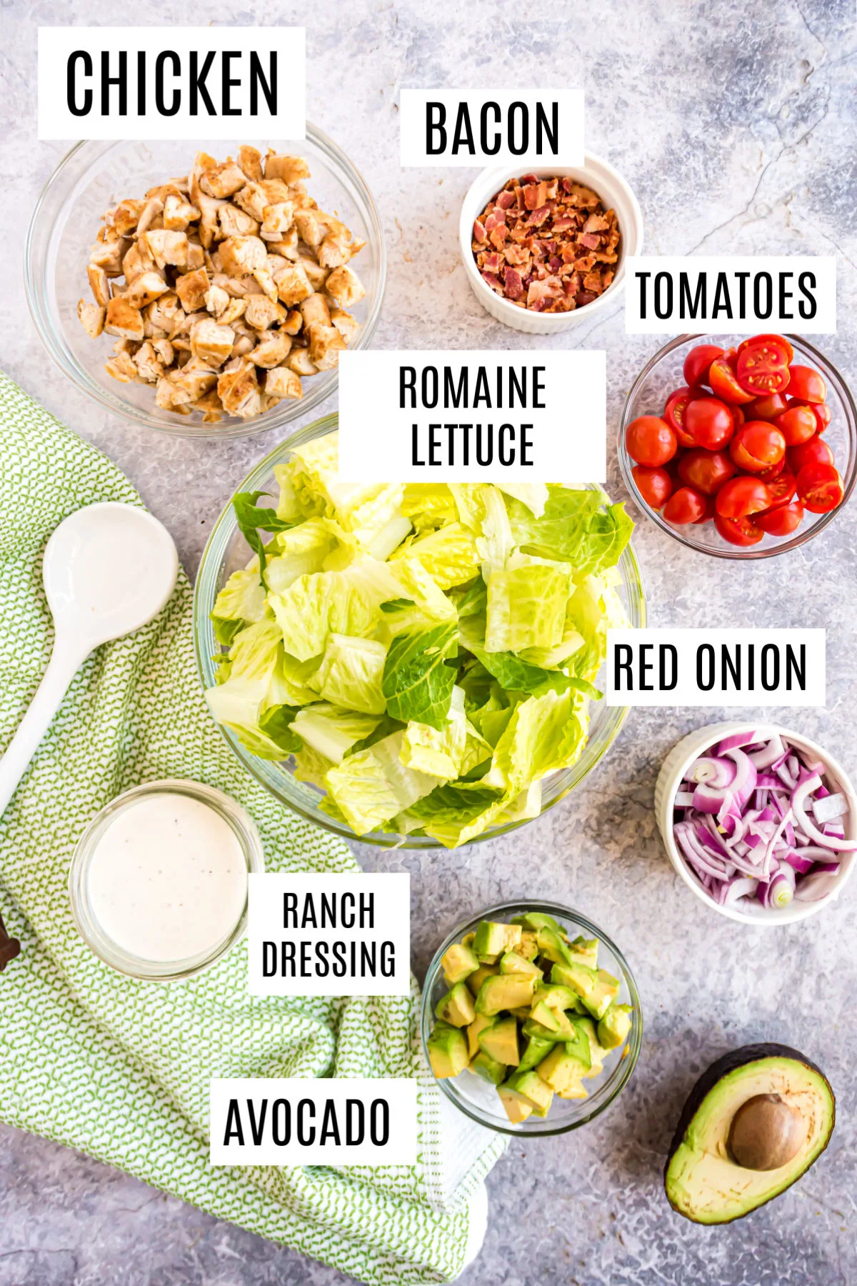 Ingredients needed to make chicken bacon salad.