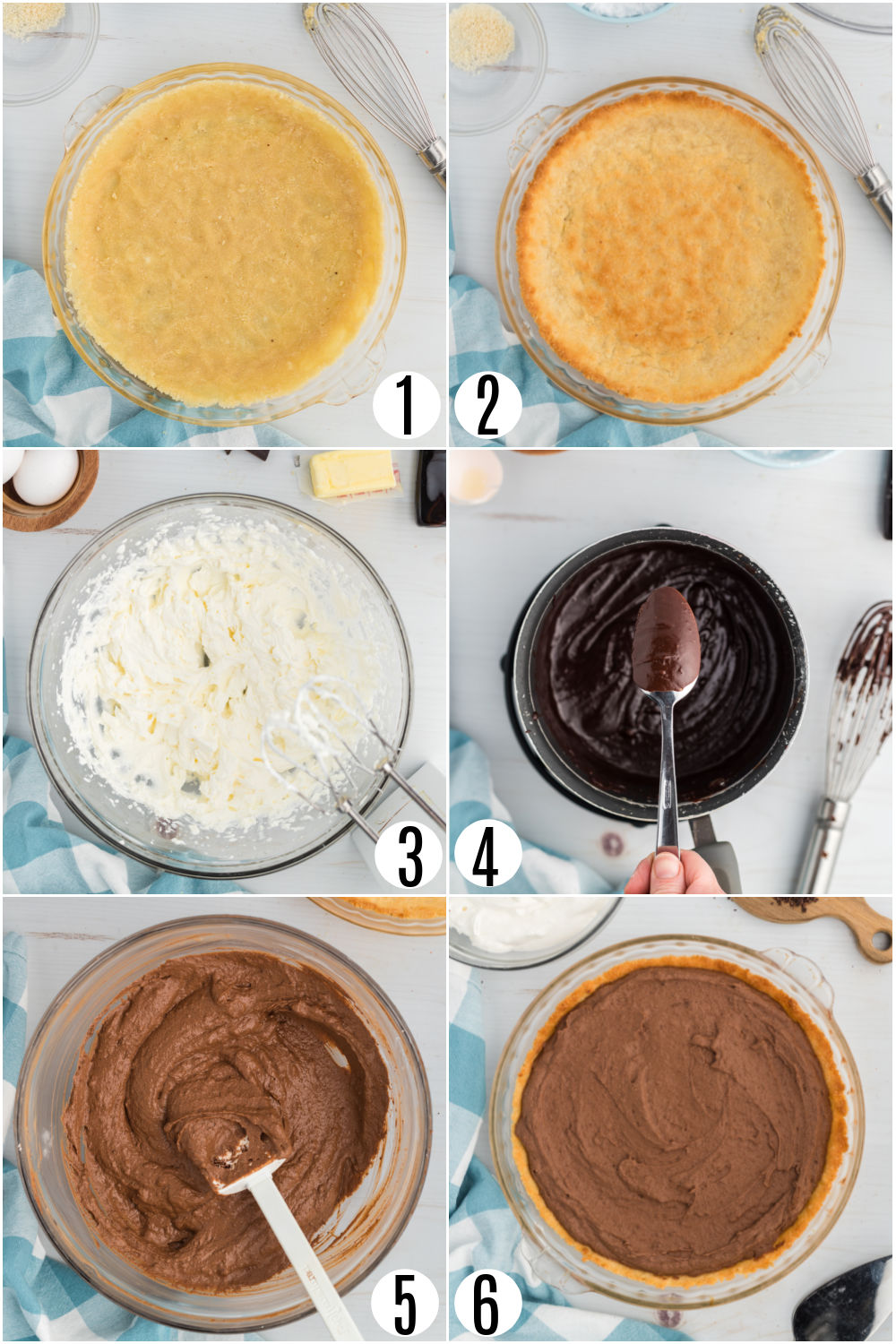 Step by step photos showing how to make chocolate pudding pie.