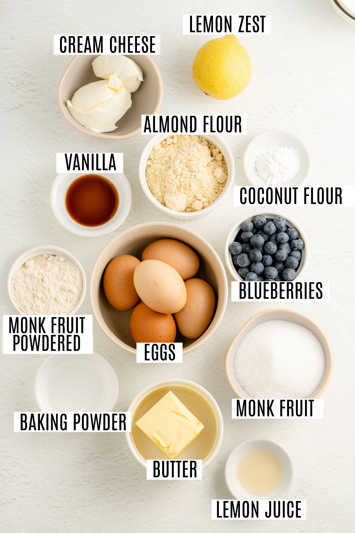 Ingredients needed to make sugar free blueberry cake recipe.