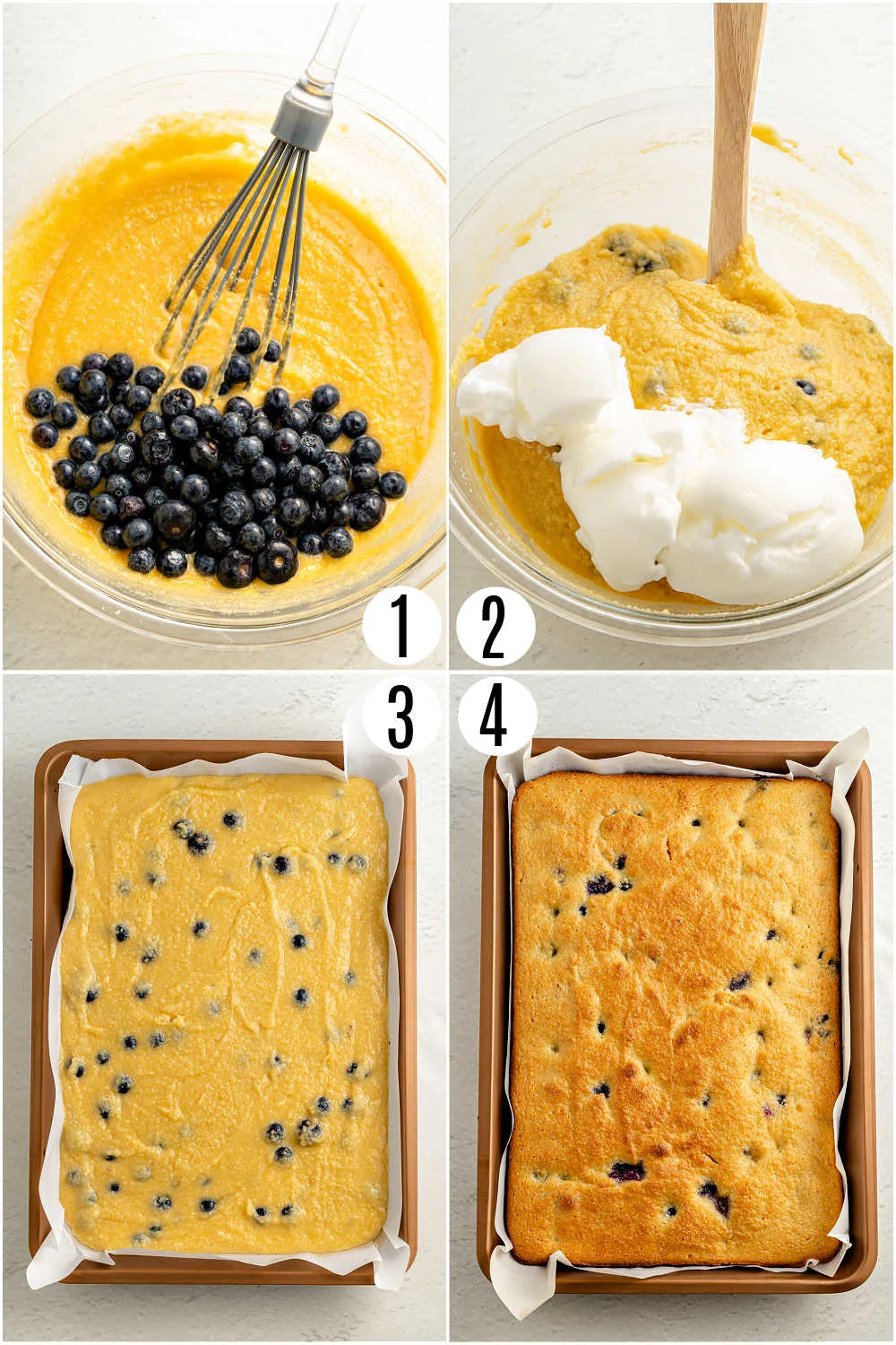 Step by step photos showing how to make lemon blueberry cake.