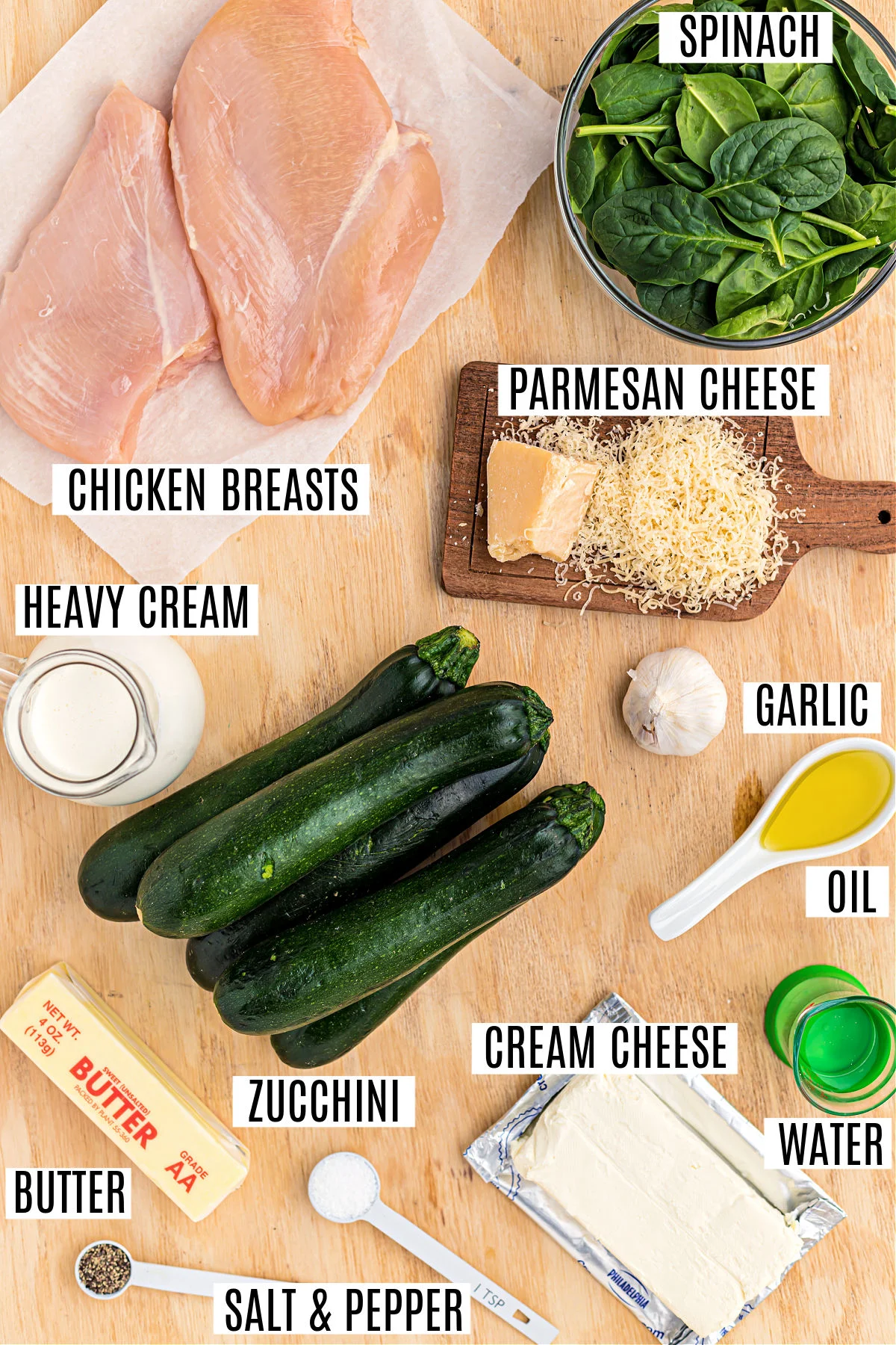 Ingredients needed to make chicken alfredo zoodles.