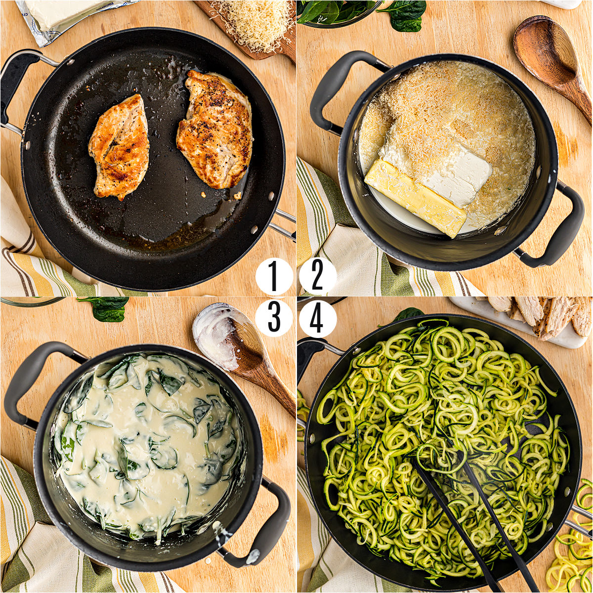 Step by step photos showing how to make chicken alfredo zoodles.