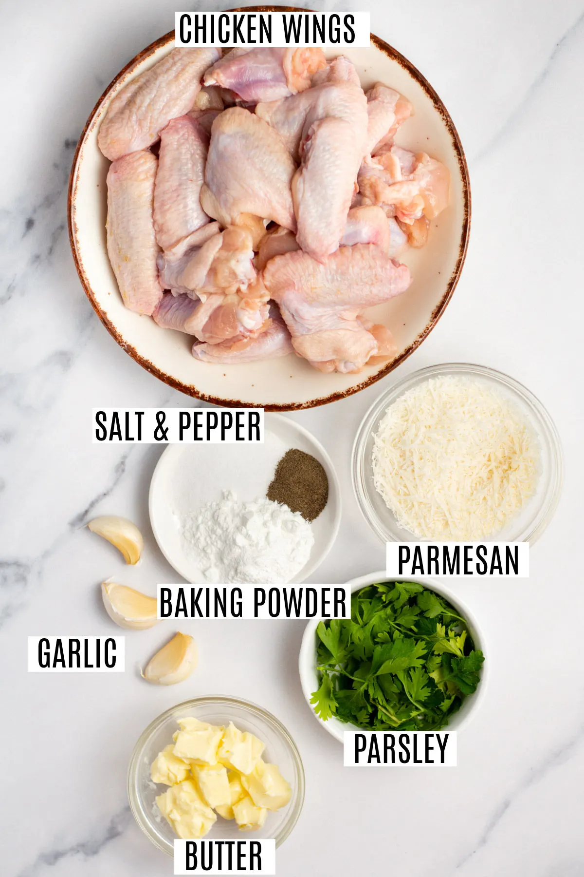Ingredients needed to make garlic parmesan wings.