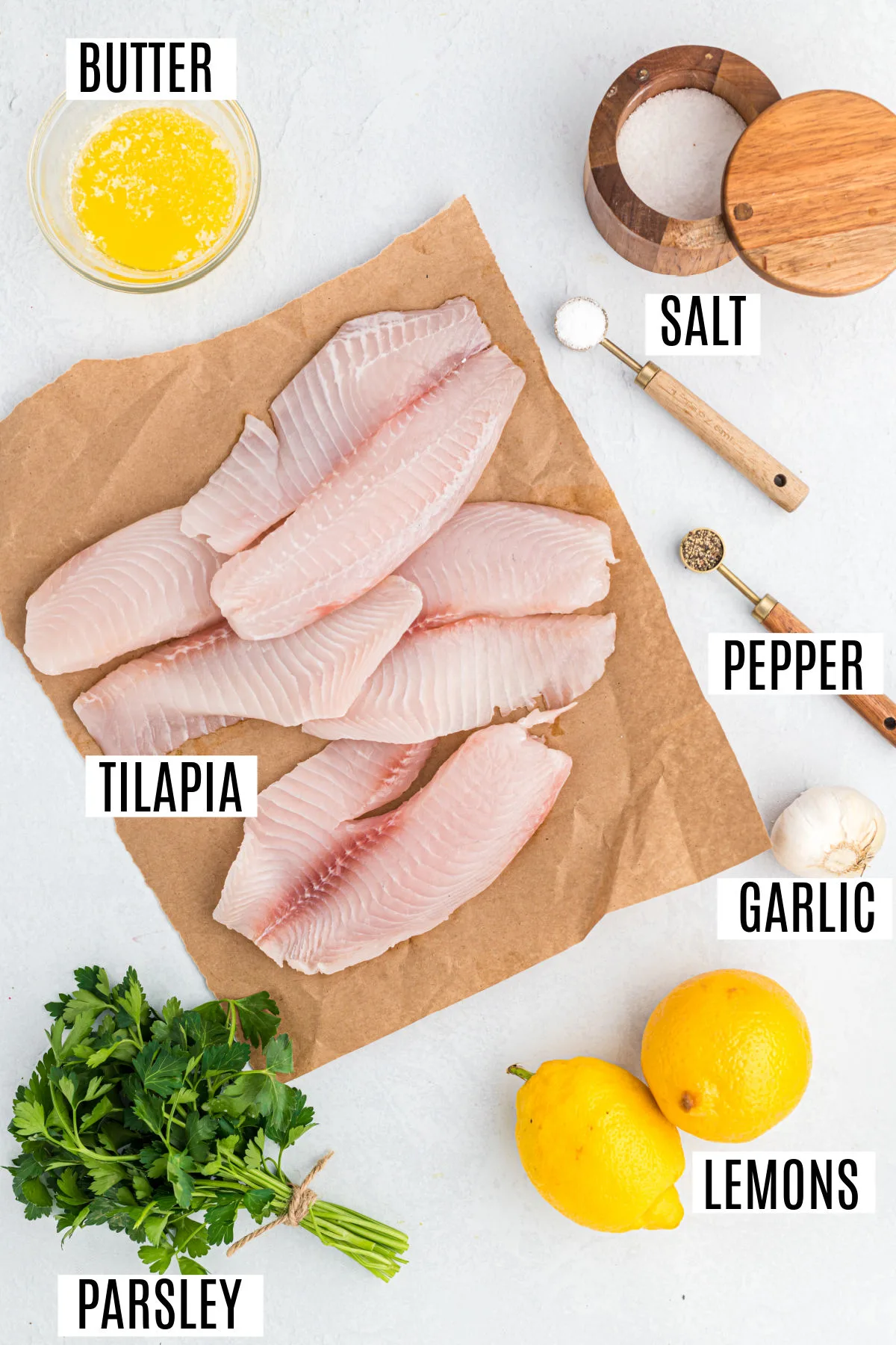 Ingredients needed to make lemon tilapia.