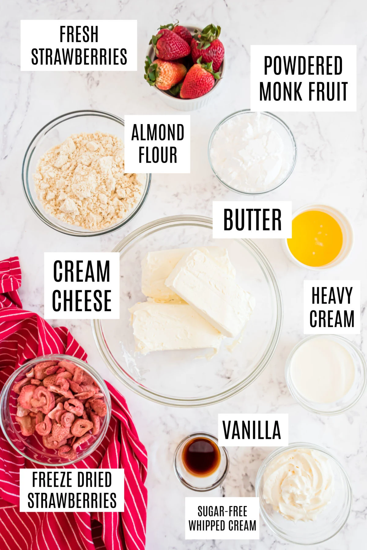 Ingredients needed to make sugar free strawberry cheesecake.
