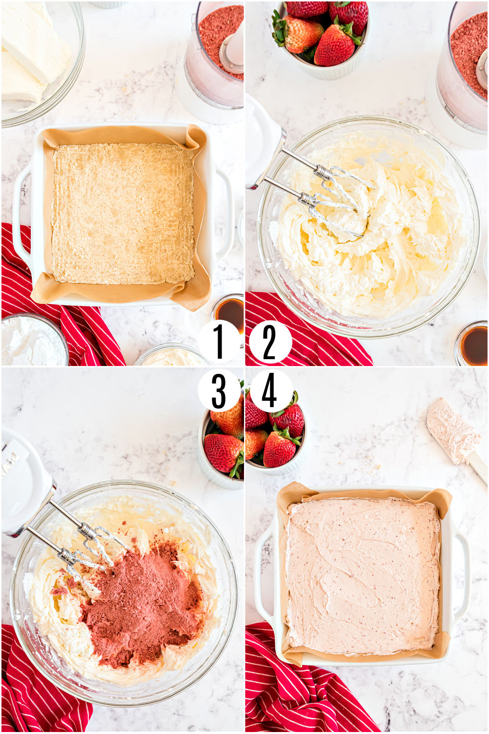 Step by step photos showing how to make sugar free strawberry cheesecake.
