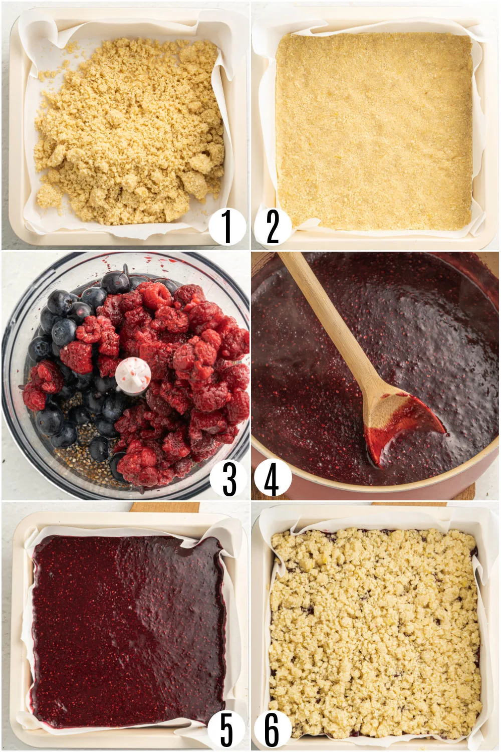 Step by step photos showing how to make berry crumble bars.